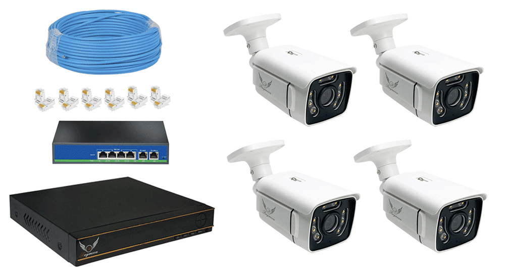 لوازم همراه پکیج 4 کانال دوربین مداربسته 5 مگاپیکسل تحت شبکه POE رایمون مدل HP-8320e-4C