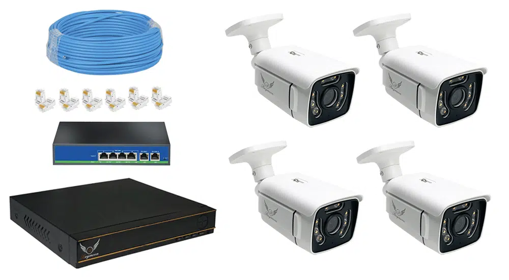 لوازم همراه پکیج 4 کانال دوربین مداربسته 5 مگاپیکسل تحت شبکه POE رایمون مدل HP-8320e-4C