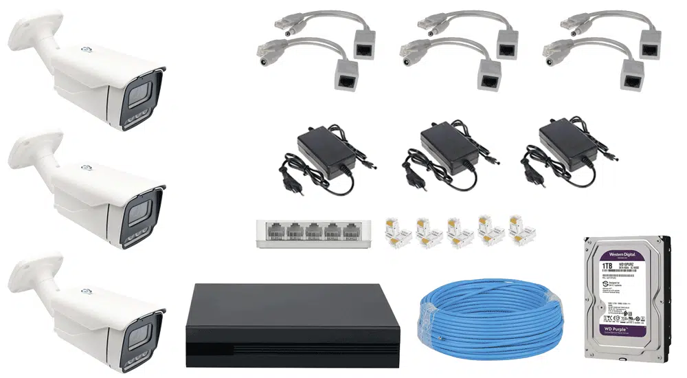 اقلام همراه پکیج کامل 3 عددی دوربین مداربسته 5 مگاپیکسل تحت شبکه IP مدل FP-3Q8312i